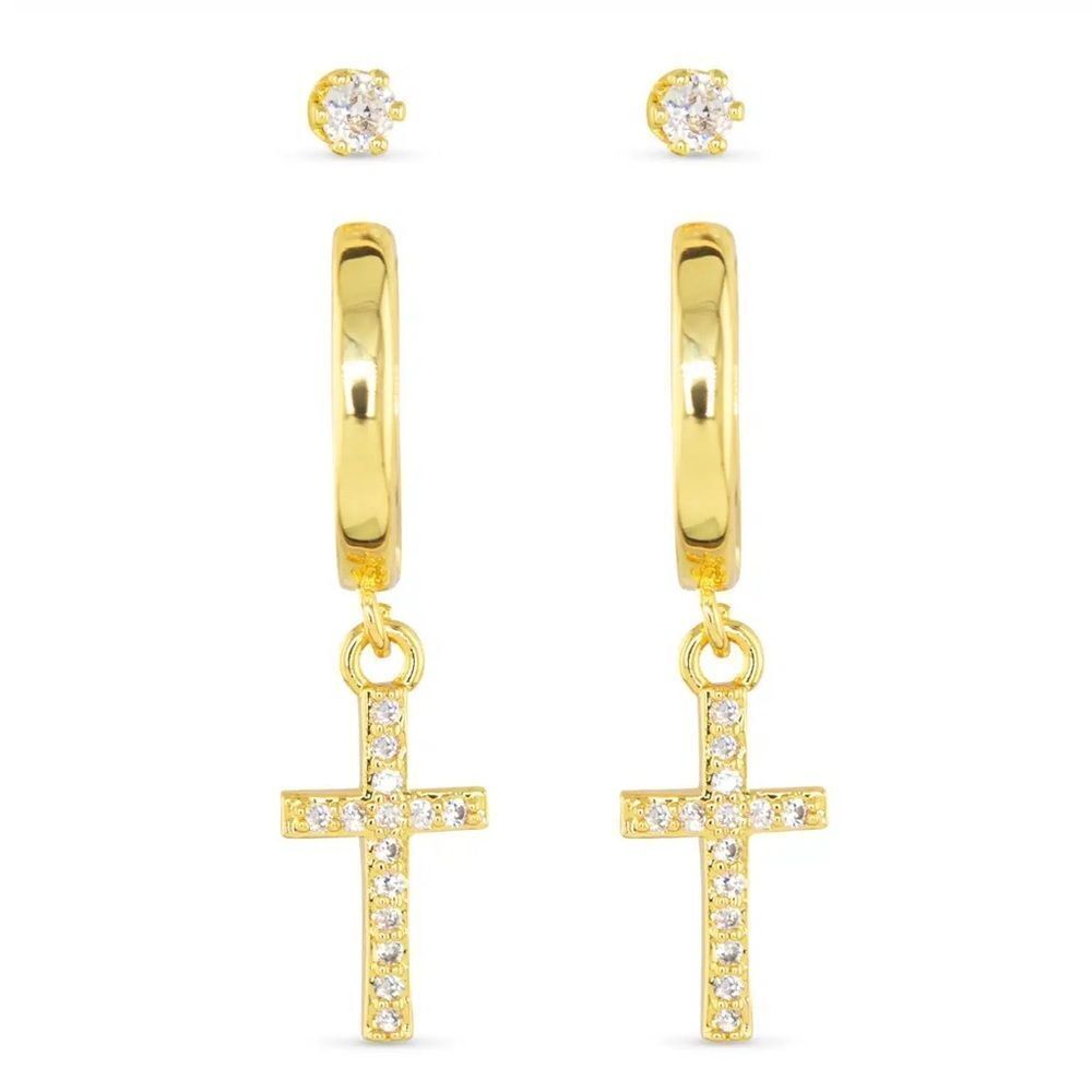 New AMANDA BLU GOLD CROSS & STUD DUO EARRINGS
